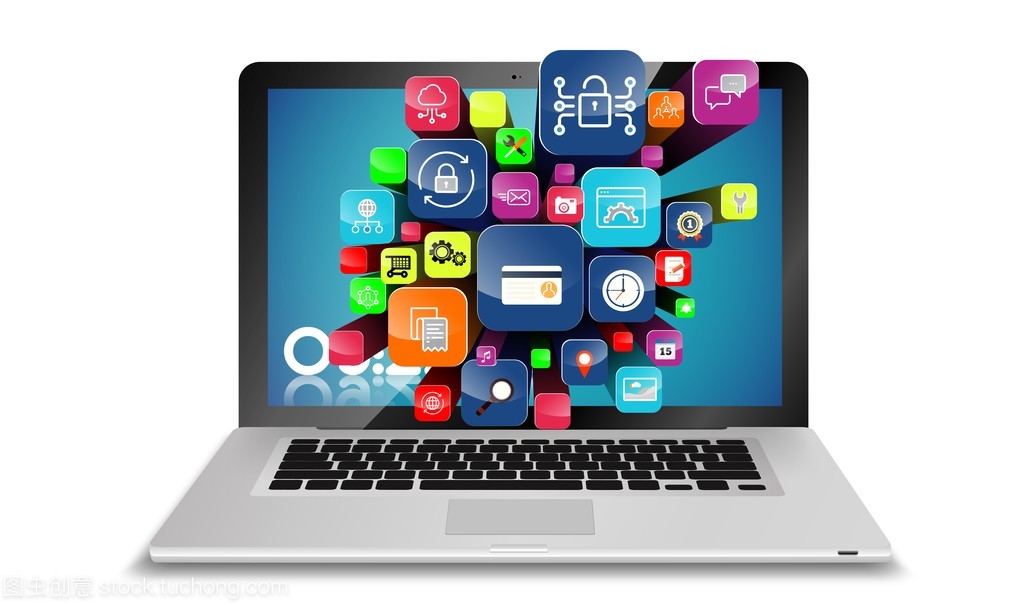 飛行應(yīng)用程序圖標(biāo)的筆記本電腦。3d 圖